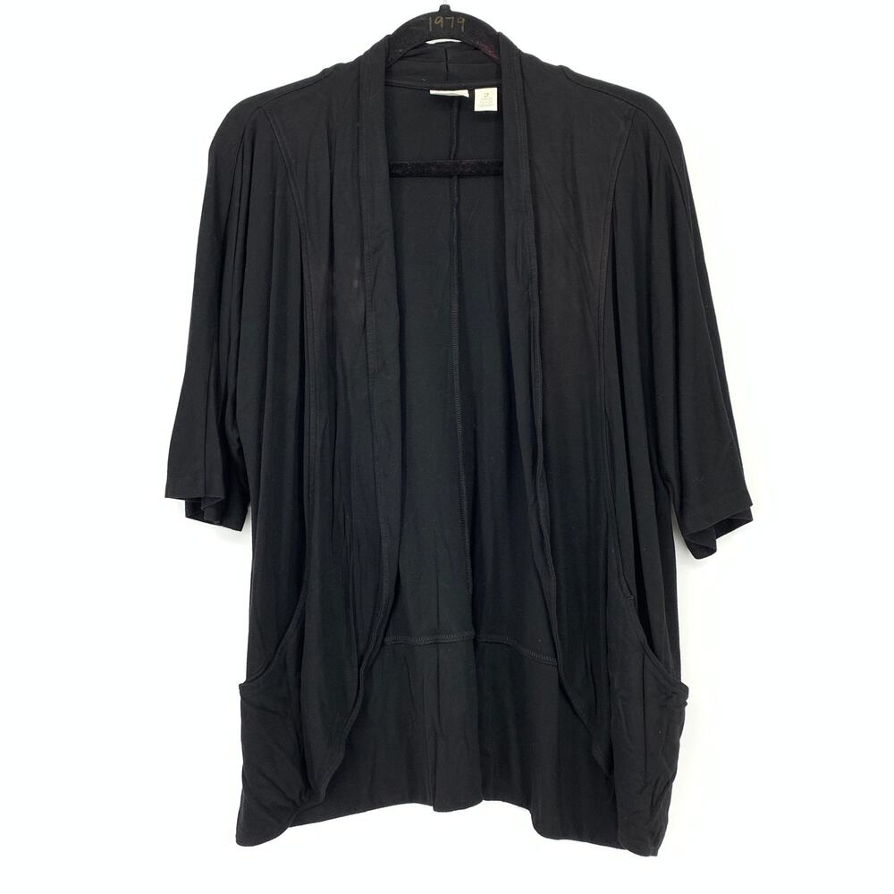 Chicos Zenergy Womens Sz 2 L Draped Cardigan Jacket Black Open Front Pockets